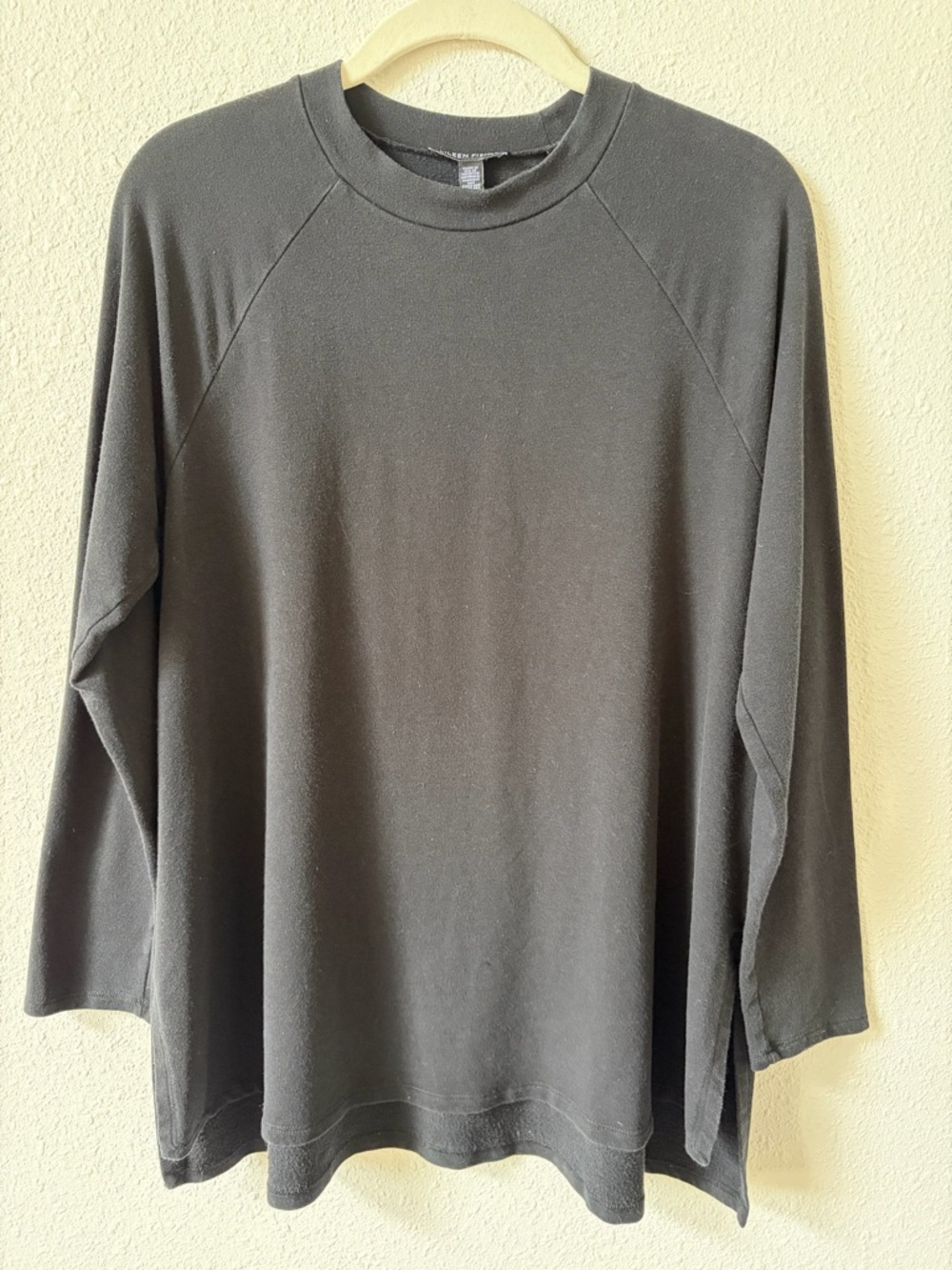 Eileen Fisher Cozy Brushed Terry Hug Crew Neck Long Top Black Size XS